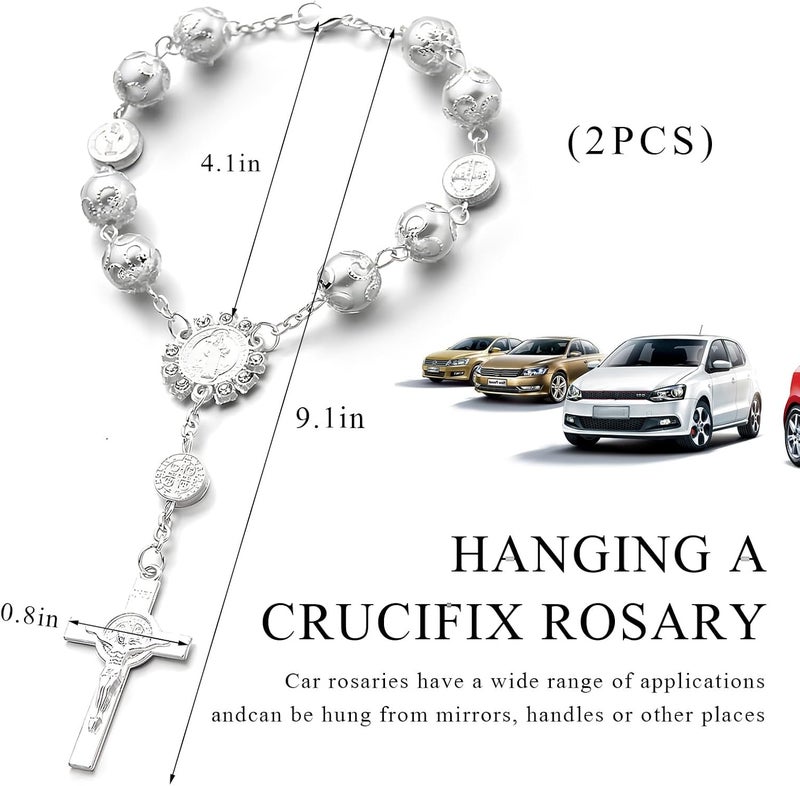 SHMZK 2 PCS Car Rosary for Rearview Mirror, Personalized Blessing Hanging Pendant for Car Rear View Mirror, Cross Rosary Ornament Interior Decor for Most Vehicles, Car Accessories (Silver+Black) - Image 2
